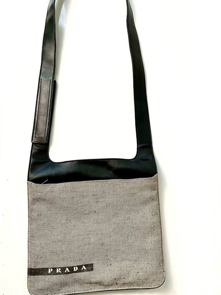 Vintage Prada Canvas & Leather Crossbody Bag Black Beige Logo. Made In Italy